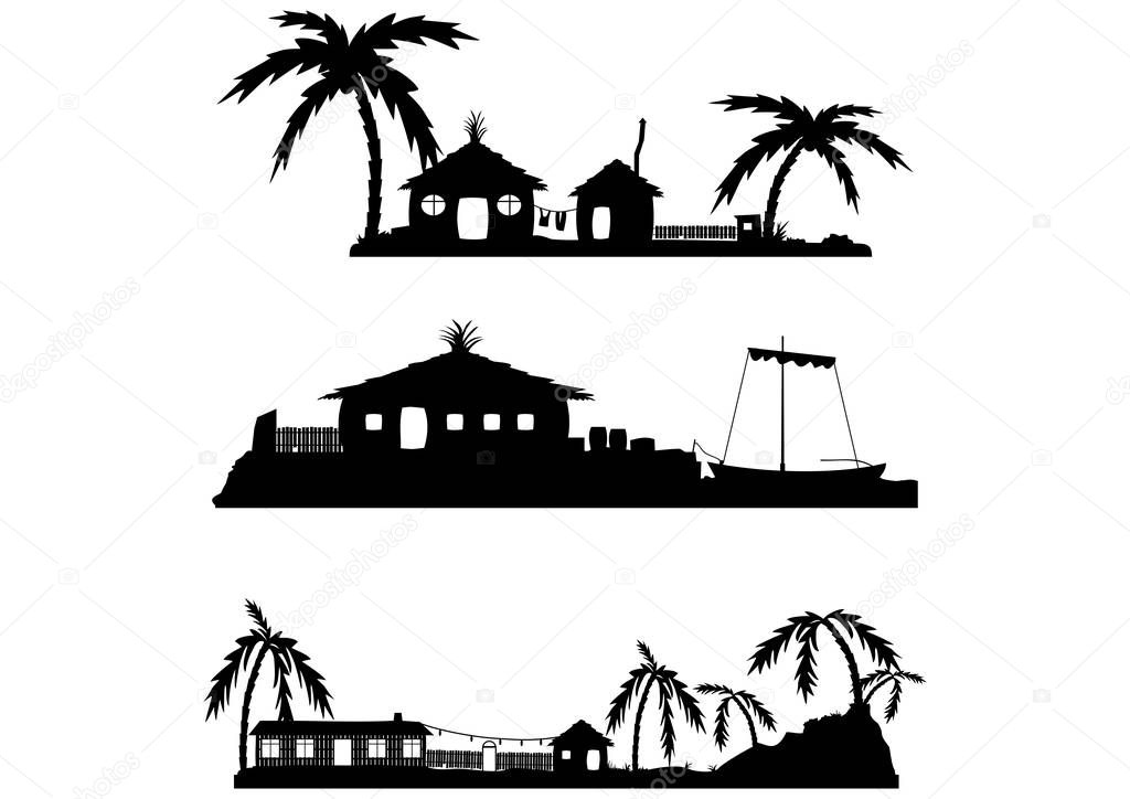Tropical village. Set of village silhouette. Flat vector.