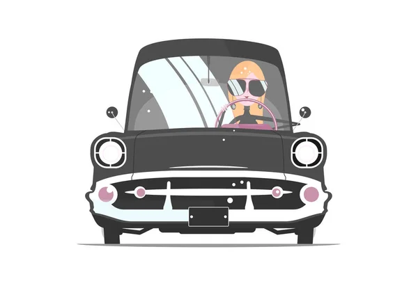 Conductora Chica Gafas Sol Volante Coche Retro Vista Frontal Vector — Vector de stock