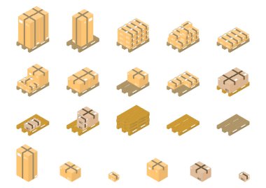Europallets ve karton kutular seti. İzometrik görünüm. Düz vektör.