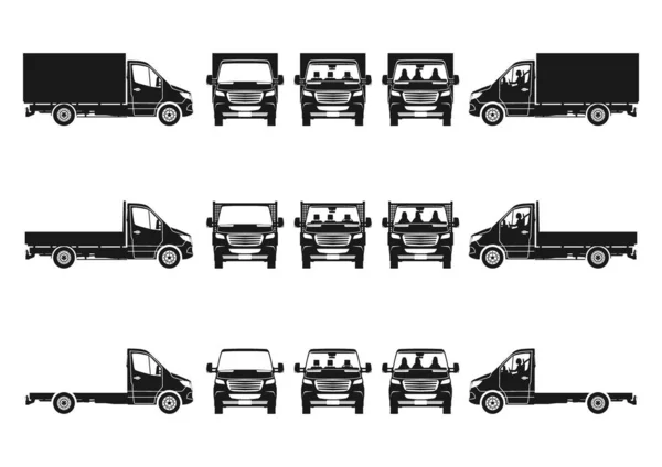 卡车剪影 前视图和侧面视图的卡车底盘驾驶室轮廓设置 平面矢量 使用的两种颜色 — 图库矢量图片