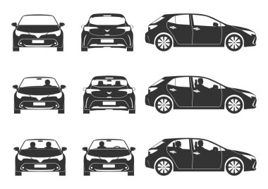 Modern hatchback araba siluet. Üç görünümde simgeler kümesi. Düz vektör.