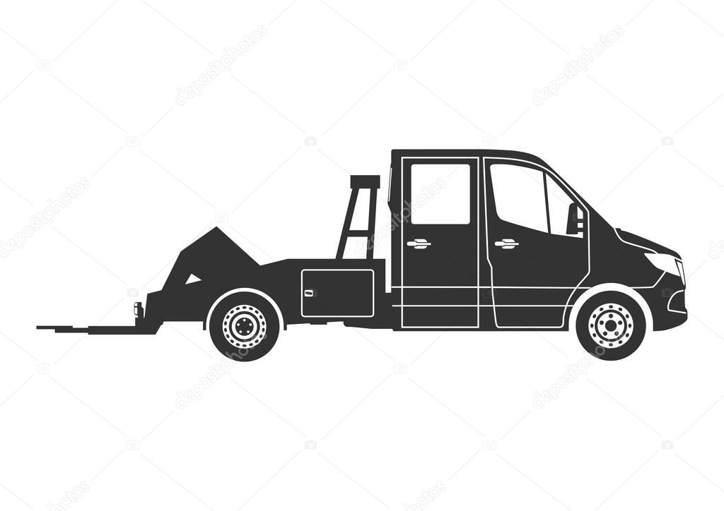 Modern wrecker. Recovery vehicle icon. Side view of tow truck without driver. Raster.