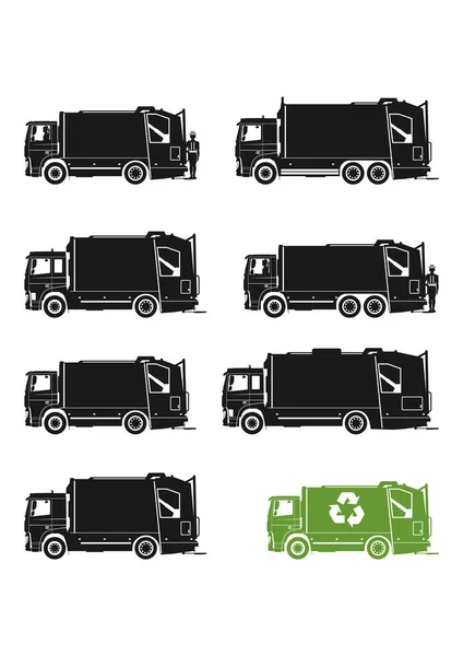 Ícones Camião Lixo Conjunto Silhuetas Caminhão Lixo Vista Lateral Vetor — Vetor de Stock