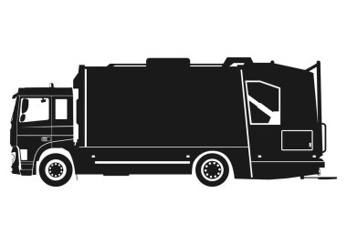 Çöp kamyonu simgesi. Bir çöp kamyonunun silueti. Yan görünüm. Raster.