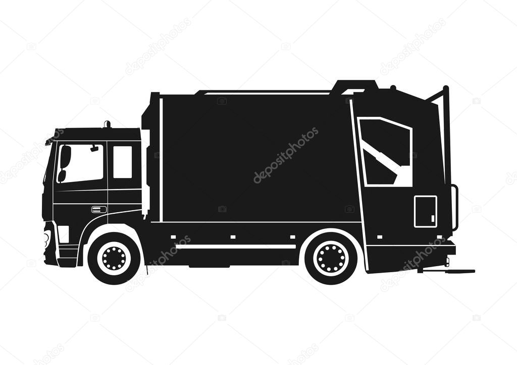 Garbage truck icon. Silhouette of a garbage truck. Side view. Raster.