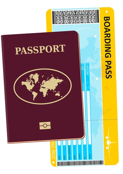 Διαβατήριο Και Αεροπορικό Εισιτήριο Ένα Σύγχρονο Βιομετρικό Διαβατήριο Κάρτα Επιβίβασης — Διανυσματικό Αρχείο
