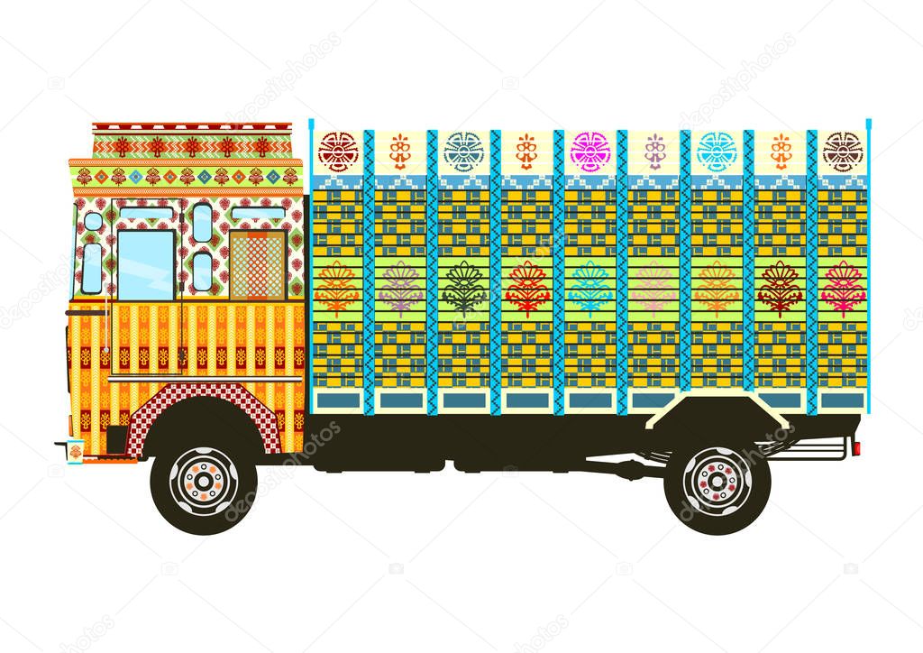 Jingle truck. Side view of Indian decorated truck. Flat vector.