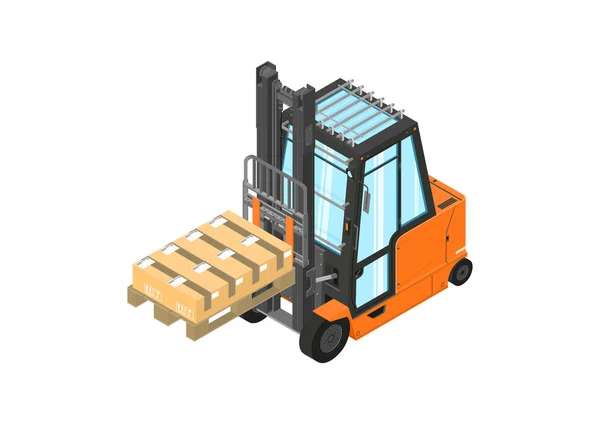 Forklift Orange Counterbalance Forklift Pallet Isometric View Flat Vector — Stock Vector