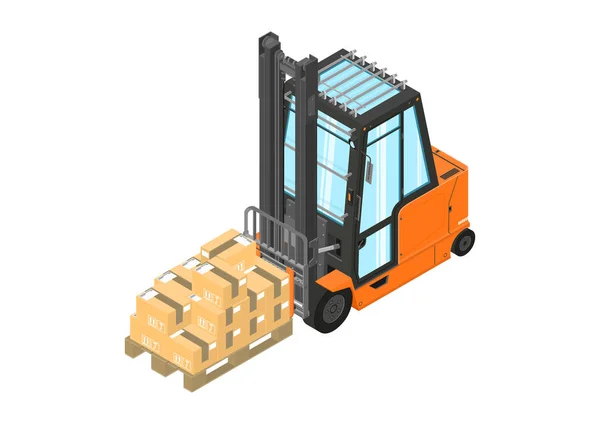 Forklift Orange Counterbalance Forklift Pallet Isometric View Flat Vector — Stock Vector