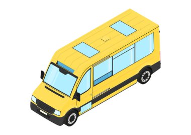 Minibüs. Beyaz, arka planda modern otobüs. İzometrik görünüm. Düz vektör.