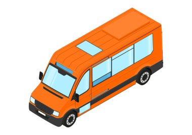 Minibüs. Beyaz, arka planda modern otobüs. İzometrik görünüm. Düz vektör.