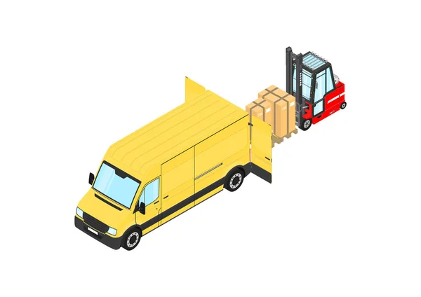 Forklift Unloading Cargo Van Isometric View Flat Vector — Stock Vector