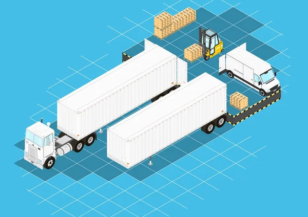 Logistic concept. Forklift and truck at the loading ramp. Isometric view. Flat vector.