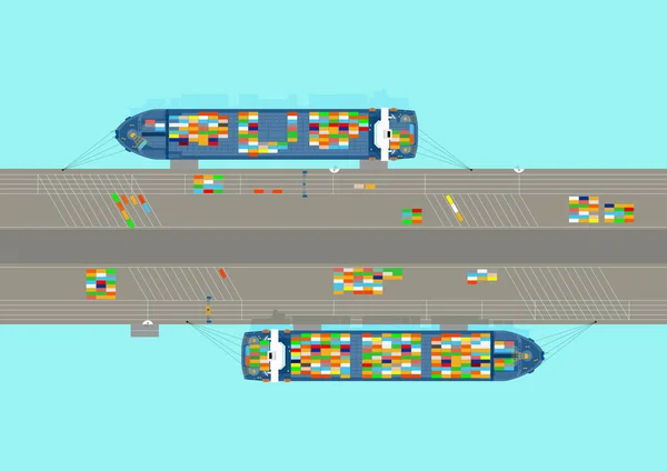 船と海のコンテナポートのトップビュー 平面ベクトル — ストックベクタ