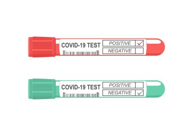 Covid 19 testi. Coronavirus pozitif ve negatif test tüpü. Düz vektör.