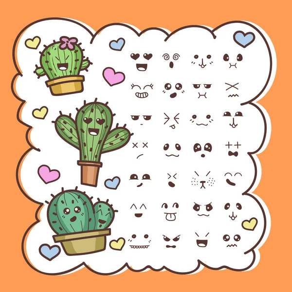 Set Van Leuke Cartoon Cactus Met Grappige Kawaii Gezichten Potten — Stockvector