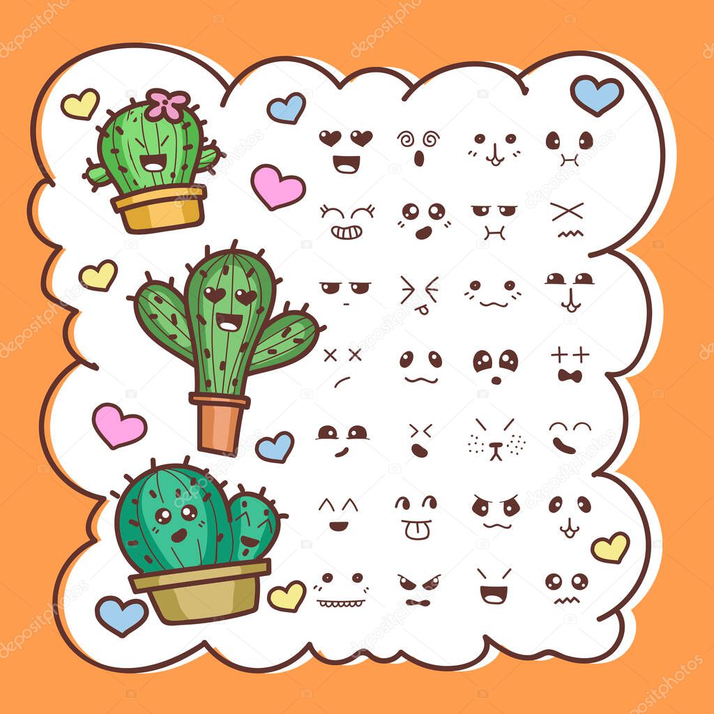 Set of cute cartoon cactus with funny kawaii faces in pots. Vector illustration.