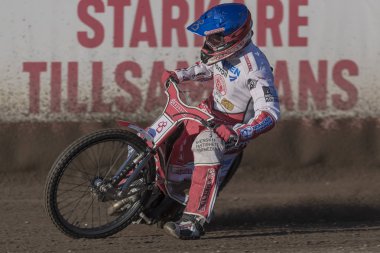 HALLSTAVIK, SWEDEN, AUGUST 7, 2018: Sam Masters, Rospiggarna at thel race leauge Elitserien in Speedway between Rospiggarna and Dackarna at HZ Bygg Arena in Hallstavik.