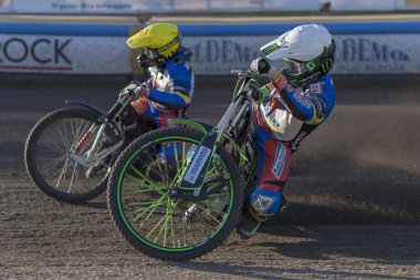 HALLSTAVIK, SWEDEN, AUGUST 7, 2018: Swedish national race leauge Elitserien in Speedway between Rospiggarna and Dackarna at HZ Bygg Arena in Hallstavik.