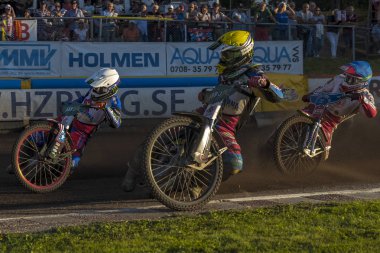 HALLSTAVIK, SWEDEN, AUGUST 7, 2018: Swedish national race leauge Elitserien in Speedway between Rospiggarna and Dackarna at HZ Bygg Arena in Hallstavik.