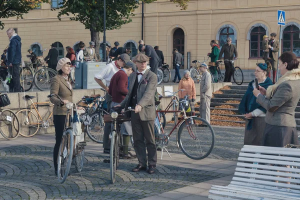 Stockholm Sweden Sept 2018 Велосипедный Тур Твиде Винтажными Велосипедами Одеждой — стоковое фото