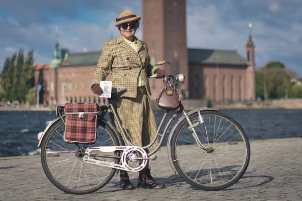 Стокгольм Швеція Вересня 2018 Велосипед Велопоездкі Твіду Vintage Велосипеди Одяг — стокове фото