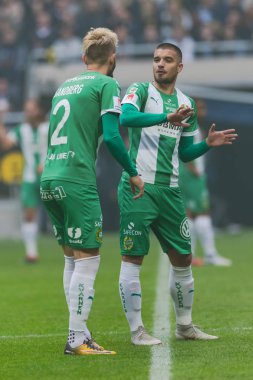 Solna, İsveç, 23 Eylül 2018: İsveç Allsvenskan Hammarby arasındaki AIK Derby. Her iki takım top AIK ile 1-0 kazandı.