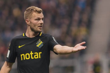 Solna, İsveç, 23 Eylül 2018: İsveç Allsvenskan Hammarby arasındaki AIK Derby. Her iki takım top AIK ile 1-0 kazandı.