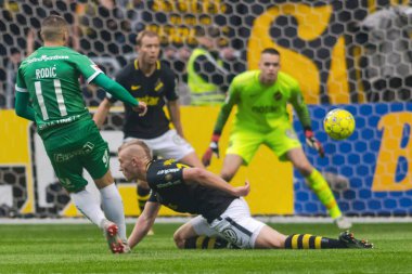 Solna, İsveç, 23 Eylül 2018: İsveç Allsvenskan Hammarby arasındaki AIK Derby. Her iki takım top AIK ile 1-0 kazandı.