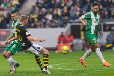 Solna, İsveç, 23 Eylül 2018: İsveç Allsvenskan Hammarby arasındaki AIK Derby. Her iki takım top AIK ile 1-0 kazandı.