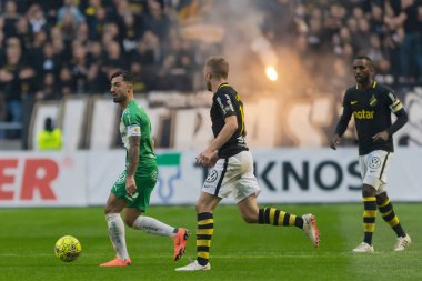 Solna, İsveç, 23 Eylül 2018: İsveç Allsvenskan Hammarby arasındaki AIK Derby. Her iki takım top AIK ile 1-0 kazandı.