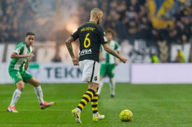 Solna, İsveç, 23 Eylül 2018: İsveç Allsvenskan Hammarby arasındaki AIK Derby. Her iki takım top AIK ile 1-0 kazandı.