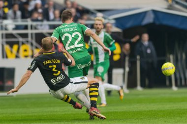 Solna, İsveç, 23 Eylül 2018: İsveç Allsvenskan Hammarby arasındaki AIK Derby. Her iki takım top AIK ile 1-0 kazandı.