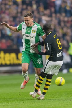 Solna, İsveç, 23 Eylül 2018: İsveç Allsvenskan Hammarby arasındaki AIK Derby. Her iki takım top AIK ile 1-0 kazandı.