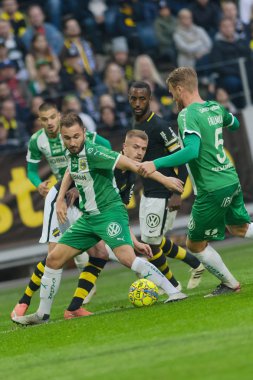 Solna, İsveç, 23 Eylül 2018: İsveç Allsvenskan Hammarby arasındaki AIK Derby. Her iki takım top AIK ile 1-0 kazandı.