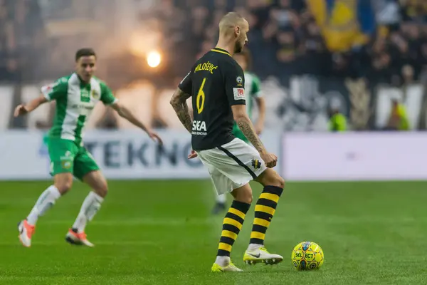 Solna, İsveç, 23 Eylül 2018: İsveç Allsvenskan Hammarby arasındaki AIK Derby. Her iki takım top AIK ile 1-0 kazandı.