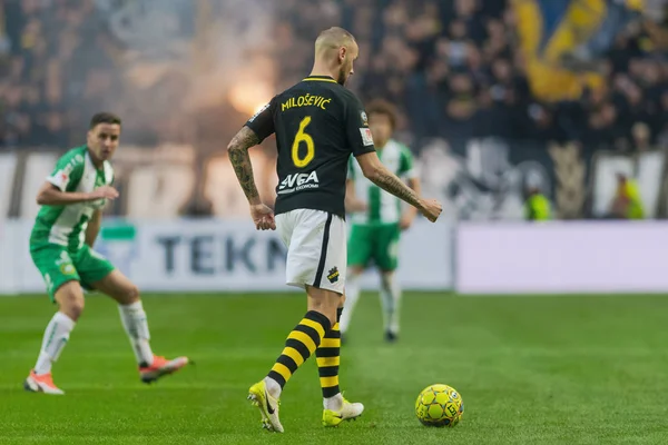 Solna, İsveç, 23 Eylül 2018: İsveç Allsvenskan Hammarby arasındaki AIK Derby. Her iki takım top AIK ile 1-0 kazandı.