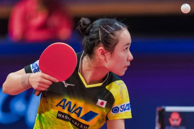 STOCKHOLM, SWEDEN - NOV 4, 2018: Woman finals between the winner Mima Ito (JPN ) vs Yuling Zhu (CHI) at  the table tennis tournament SOC at the arena Eriksdalshallen in Stockholm. Mima Ito the winner clipart