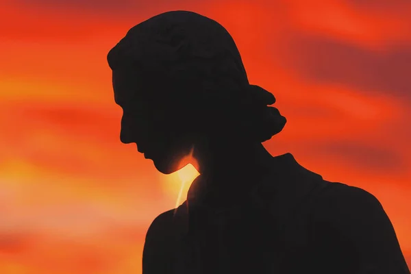 瑞典斯德哥尔摩 2016年12月30日 带五颜六色的红色日落灯光的瓦尔德马苏德卡尔 林内雕像的脸剪影 — 图库照片