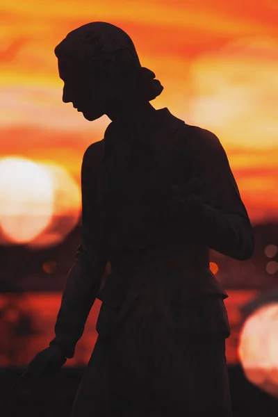 瑞典斯德哥尔摩 2016年12月30日 在彩色日落灯光下的瓦尔德马苏德卡尔 林内雕像的剪影 — 图库照片