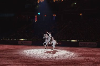 Solna, İsveç - 30 Kasım 2018: Garrocha kutup binme, Alma Vaquera arkadaşlar Arena İsveç Uluslararası at fuarında.