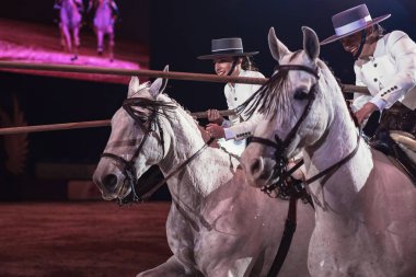 Solna, İsveç - 30 Kasım 2018: Garrocha kutup binme, Alma Vaquera arkadaşlar Arena İsveç Uluslararası at fuarında.