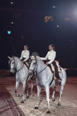 Solna, İsveç - 30 Kasım 2018: Garrocha kutup binme, Alma Vaquera arkadaşlar Arena İsveç Uluslararası at fuarında.