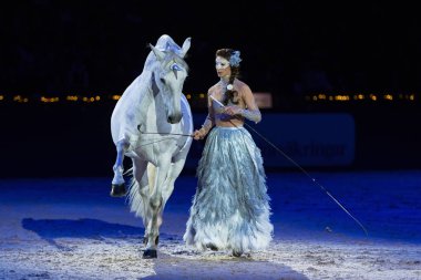 Solna, İsveç - 1 Aralık 2018: Alizee Froment en son ne zaman İsveç Uluslararası at Fuarı'nda arkadaşlar Arena, Mistral beyaz atı ile.