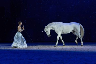 Solna, İsveç - 1 Aralık 2018: Alizee Froment en son ne zaman İsveç Uluslararası at Fuarı'nda arkadaşlar Arena, Mistral beyaz atı ile.