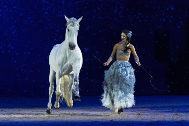 Solna, İsveç - 1 Aralık 2018: Alizee Froment en son ne zaman İsveç Uluslararası at Fuarı'nda arkadaşlar Arena, Mistral beyaz atı ile.