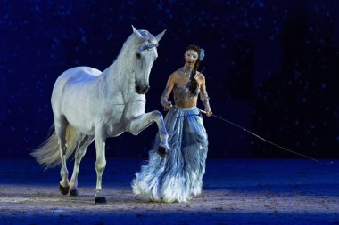 Solna, İsveç - 1 Aralık 2018: Alizee Froment en son ne zaman İsveç Uluslararası at Fuarı'nda arkadaşlar Arena, Mistral beyaz atı ile.