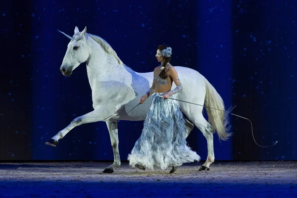 Solna, İsveç - 1 Aralık 2018: Alizee Froment en son ne zaman İsveç Uluslararası at Fuarı'nda arkadaşlar Arena, Mistral beyaz atı ile.
