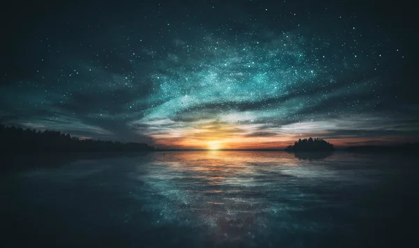 Estrelas Refletidas Água Arquipélago Durante Pôr Sol Verde Fresco Laranja — Fotografia de Stock