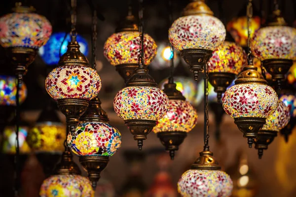 Oriental lamps in brass with colorful glasses — Stock Photo, Image